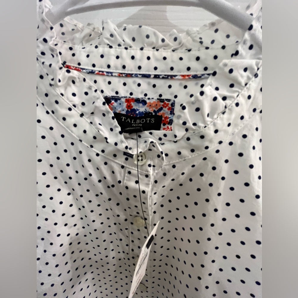 NWT Talbots Blouse White Popover Ruffle Neck Polka Dot Long Sleeve Size M Petite - Picture 7 of 12